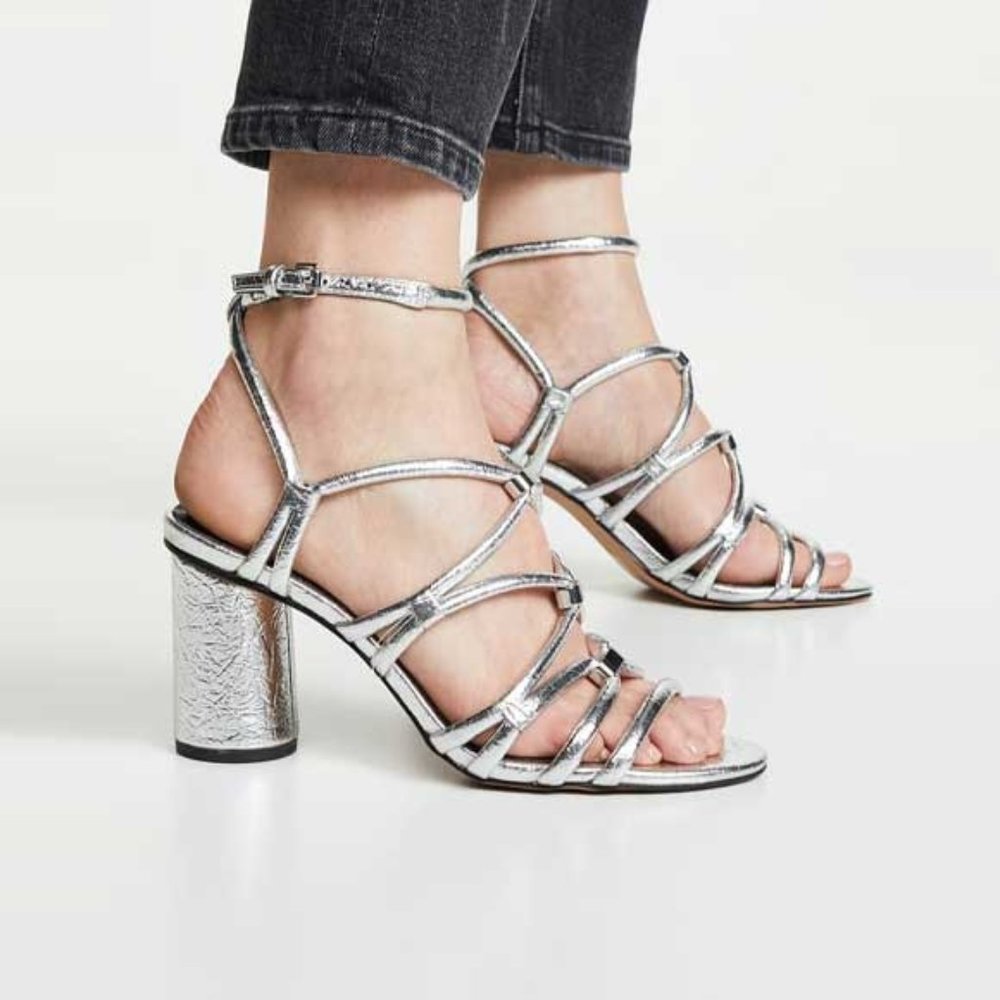 Rebecca Minkoff Metallic Silver Multi-Strap Block Heel Sandals